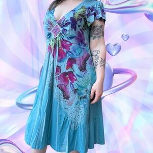 vtg y2k apt. 9 cyber frutiger aero metro y2k futurism aop midi dress, sz lg